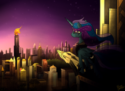 Size: 2507x1822 | Tagged: safe, artist:pedrohander, princess luna, alicorn, pony, g4, city, colored, crystaller building, female, manehattan, mare, solo