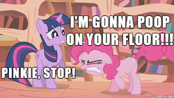 Size: 610x343 | Tagged: safe, edit, edited screencap, screencap, pinkie pie, twilight sparkle, earth pony, pony, unicorn, g4, caption, eyes closed, female, image macro, imminent scat, implied pooping, mare, meme, need to poop, potty emergency, potty time, straining