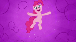 Size: 1280x720 | Tagged: safe, screencap, pinkie pie, earth pony, pony, g4, my little pony: friendship is magic, the one where pinkie pie knows, arms wide open, female, jumping, mare, open mouth, solo