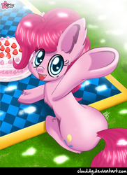 Size: 728x1000 | Tagged: safe, artist:clouddg, pinkie pie, earth pony, pony, g4, the one where pinkie pie knows, cake, cute, diapinkes, female, fluffy, happy, heart, looking at you, open mouth, picnic, picnic blanket, signature, sitting, solo, underhoof, wingding eyes