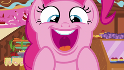 Size: 1280x720 | Tagged: safe, screencap, pinkie pie, g4, the one where pinkie pie knows, female, open mouth, smiling, solo, sugarcube corner