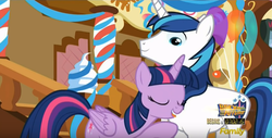 Size: 852x433 | Tagged: safe, screencap, shining armor, twilight sparkle, alicorn, pony, g4, the one where pinkie pie knows, brother and sister, female, male, mare, siblings, tongue out, twilight sparkle (alicorn)