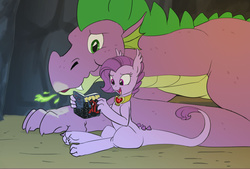 Size: 1272x860 | Tagged: safe, artist:carnifex, spike, oc, oc:lavender, dracony, hybrid, g4, comic book, crossover, father and daughter, feels, fire ruby, interspecies offspring, male, offspring, older, older spike, parent:rarity, parent:spike, parents:sparity, ponified, spider-man