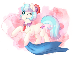 Size: 1081x830 | Tagged: safe, artist:chimaerok, coco pommel, earth pony, pony, g4, abstract background, cute, female, mare, mouth hold, needle, solo, wink