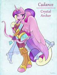 Size: 2550x3300 | Tagged: safe, artist:ambris, princess cadance, alicorn, anthro, unguligrade anthro, adventuring is magic, g4, archery, arrow, blushing, bow (weapon), bow and arrow, clothes, colored pupils, curved horn, female, heart arrow, high res, horn, looking at you, ponytail, smiling, solo, weapon