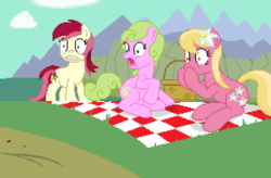 Size: 608x398 | Tagged: safe, artist:herooftime1000, daisy, flower wishes, lily, lily valley, roseluck, earth pony, pony, octavia in the underworld's cello, g4, cutscene, female, flower, flower in hair, flower trio, picnic, shocked, trio, trio female