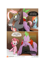 Size: 3541x5016 | Tagged: safe, artist:gashiboka, pinkie pie, rainbow dash, spike, oc, oc:night star, dragon, earth pony, pegasus, pony, unicorn, comic:recall the time of no return, g4, comic, patreon, patreon logo