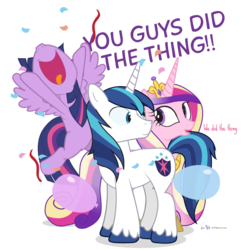 Size: 900x900 | Tagged: safe, artist:dm29, princess cadance, shining armor, twilight sparkle, alicorn, pony, g4, the one where pinkie pie knows, balloon, celebration, cheering, confetti, female, happy, implied good clean married sex, implied sex, male, mare, open mouth, simple background, sisters-in-law, stallion, transparent background, trio, twilight sparkle (alicorn)