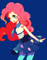 Size: 1592x2021 | Tagged: safe, artist:saiduki, pinkie pie, human, equestria girls, g4, my little pony equestria girls: friendship games, blue background, cute, diapinkes, female, looking at you, outfit catalog, simple background, solo, wink