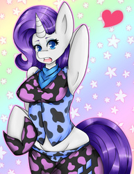 Size: 1280x1661 | Tagged: safe, artist:tomoyuuki, rarity, anthro, g4, arm hooves, armpits, bandana, clothes, female, heart, pants, solo, vest