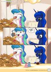 Size: 1100x1556 | Tagged: safe, artist:mysticalpha, princess celestia, princess luna, tiberius, alicorn, pony, comic:day in the lives of the royal sisters, g4, animated, comic, crown, donut, eating, female, food, gif, gluttony, horseshoes, jewelry, mare, open mouth, patreon, pepper, peytral, regalia, salt, smiling, stuffing, this almost ended in tears, this will end in weight gain, wide eyes