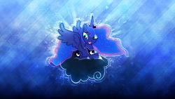 Size: 2560x1440 | Tagged: safe, artist:shaakuras, artist:somepony, princess luna, alicorn, pony, g4, luna eclipsed, abstract background, blue background, cloud, cloudy, cutie mark, female, happy, hooves, horn, jewelry, lying on a cloud, mare, on a cloud, open mouth, prone, regalia, sitting on a cloud, solo, spread wings, tiara, vector, wallpaper, wings