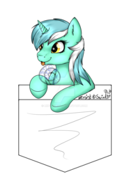 Size: 1024x1385 | Tagged: safe, artist:mint0swirl, lyra heartstrings, pony, g4, female, pocket, pocket pony, simple background, solo, tongue out, transparent background, watermark