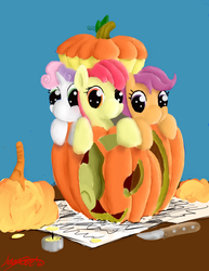 Size: 2975x3850 | Tagged: safe, artist:iggy12345, apple bloom, scootaloo, sweetie belle, earth pony, pony, g4, blue background, candle, cutie mark crusaders, high res, jack-o-lantern, knife, looking at you, pumpkin, simple background, trio