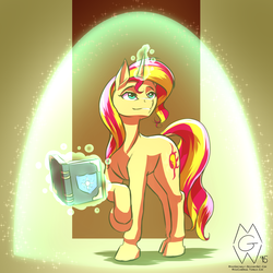 Size: 2000x2000 | Tagged: safe, artist:mykegreywolf, sunset shimmer, pony, unicorn, g4, barrier, book, female, high res, magic, solo