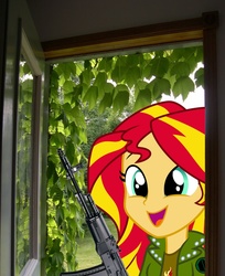 Size: 852x1045 | Tagged: safe, artist:coldhardsilver, edit, sunset shimmer, equestria girls, g4, ak-74m, assault rifle, commando shimmer, equestria girls in real life, gun, irl, photo, rifle, solo, weapon