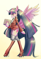 Size: 2039x2894 | Tagged: safe, artist:unousaya, twilight sparkle, anthro, semi-anthro, unguligrade anthro, g4, arm hooves, boots, butt wings, female, high heel boots, high heels, high res, shoes, solo, stiletto heels, twilight sparkle (alicorn), waistcoat