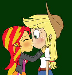 Size: 1024x1058 | Tagged: safe, artist:cutsiepie95, applejack, sunset shimmer, human, equestria girls, g4, clothes, duo, female, jacket, kiss on the lips, kissing, leather jacket, lesbian, ship:appleshimmer, shipping, watermark