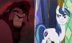 Size: 1783x1066 | Tagged: safe, shining armor, g4, the one where pinkie pie knows, comparison, conspiracy theory overboard, disney, kovu, the lion king
