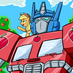 Size: 1000x1000 | Tagged: safe, artist:madmax, applejack, earth pony, pony, g4, applejack's hat, cowboy hat, crossover, hat, optimus prime, transformers