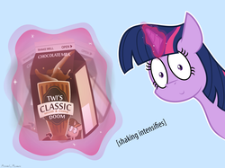 Size: 1890x1417 | Tagged: safe, artist:manual-monaro, twilight sparkle, g4, c:, chocolate milk, female, levitation, looking at you, magic, meme, milk carton, newbie artist training grounds, pure unfiltered evil, simple background, smiling, solo, spilled milk, stare, telekinesis, wat, wide eyes, x intensifies