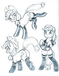 Size: 662x858 | Tagged: safe, artist:brianblackberry, applejack, earth pony, pony, g4, bipedal, butt, clothes, dock, female, fireproof boots, jersey, looking back, monochrome, open mouth, plot, sketch, smiling, socks, solo, traditional art, underhoof