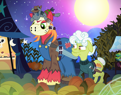 Size: 1000x782 | Tagged: safe, artist:pixelkitties, big macintosh, granny smith, smarty pants, earth pony, pony, g4, scare master, clothes, costume, doll, freddy krueger, friday the 13th, jason voorhees, male, mask, nightmare night, nightmare on elm street, pamela voorhees, stallion, toy