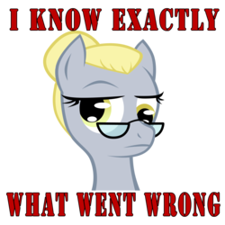 Size: 3508x3508 | Tagged: safe, artist:zackira, derpy hooves, pegasus, pony, g4, alternate hairstyle, bun, caption, dark mirror universe, female, frown, glasses, hair bun, high res, hilarious in hindsight, i just don't know what went wrong, i know exactly what went wrong, mare, portrait, raised eyebrow, serious, simple background, solo, subverted meme, transparent background