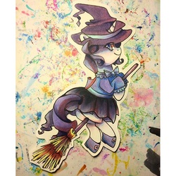 Size: 640x640 | Tagged: safe, artist:y0wai, rarity, g4, broom, clothes, costume, dress, female, flying, flying broomstick, hat, looking back, smiling, solo, traditional art, witch hat