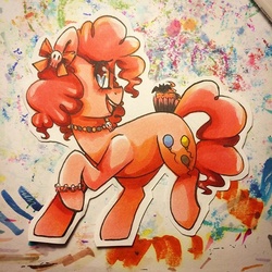 Size: 640x640 | Tagged: safe, artist:y0wai, pinkie pie, bat, g4, cupcake, female, hair bow, necklace, solo, traditional art