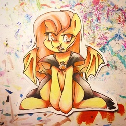 Size: 640x640 | Tagged: safe, artist:y0wai, fluttershy, bat pony, pony, g4, cape, clothes, female, flutterbat, sitting, solo, spread wings, tongue out, traditional art