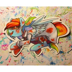 Size: 640x640 | Tagged: safe, artist:y0wai, rainbow dash, g4, clothes, coat, costume, cute little fangs, fake blood, fangs, female, flying, solo, traditional art