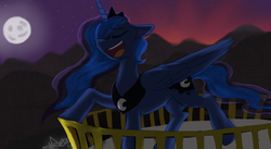 Size: 1218x667 | Tagged: safe, artist:dietzombiebait, princess luna, g4, balcony, eyes closed, female, floppy ears, moon, open mouth, raised hoof, singing, smiling, solo, sunset, twilight (astronomy)