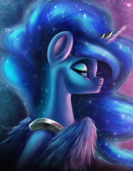Size: 800x1026 | Tagged: safe, artist:sugarheartart, princess luna, g4, female, frown, lidded eyes, looking at you, looking back, portrait, solo, unamused, watermark