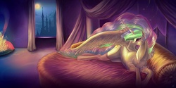 Size: 1024x511 | Tagged: safe, artist:sugarheartart, princess celestia, g4, bed, clothes, female, looking back, moon, night, prone, socks, solo, spread wings, stockings, window