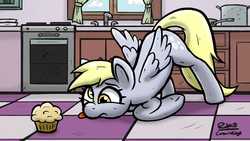 Size: 1920x1080 | Tagged: safe, artist:corsairsedge, derpy hooves, pegasus, pony, g4, face down ass up, female, kitchen, mare, muffin, solo, spread wings, tongue out