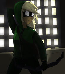 Size: 2200x2500 | Tagged: safe, artist:silbersternenlicht, applejack, human, g4, archer, arrow, arrowverse, bow (weapon), bow and arrow, clothes, crossover, dc comics, female, gloves, green arrow, high res, hoodie, humanized, looking back, mask, pants, quiver, solo, the arrow