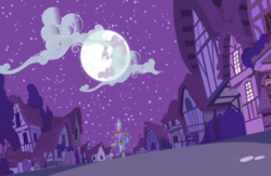 Size: 2000x1300 | Tagged: safe, artist:theroyalprincesses, g4, city, cityscape, cloud, cloudy, mare in the moon, moon, night, ponyville, scenery, stars, time paradox, twilight's castle