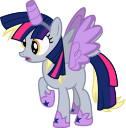 Size: 3460x3516 | Tagged: safe, artist:timelordomega, derpy hooves, pegasus, pony, g4, scare master, alicorn costume, clothes, costume, fake horn, fake wings, female, high res, mare, nightmare night costume, raised hoof, simple background, solo, toilet paper roll, toilet paper roll horn, transparent background, twilight muffins, vector, wig