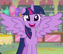 Size: 698x600 | Tagged: safe, screencap, twilight sparkle, alicorn, pony, g4, the one where pinkie pie knows, adorkable, cute, dork, female, happy, hnnng, looking at you, mare, open mouth, solo, spread wings, sugarcube corner, twiabetes, twilight sparkle (alicorn), weapons-grade cute
