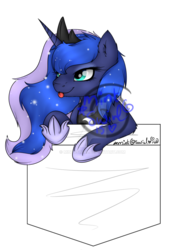 Size: 1024x1385 | Tagged: safe, artist:mint0swirl, princess luna, g4, female, fluffy, pocket, pocket pony, simple background, solo, tongue out, transparent background, watermark