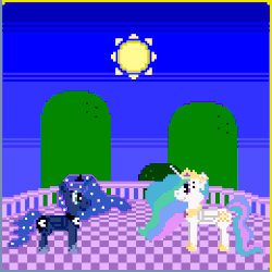 Size: 480x480 | Tagged: safe, artist:zztfox, princess celestia, princess luna, alicorn, pony, g4, animated, crescent moon, cute, day, duo, female, looking at each other, magic, moon, moon work, night, pixel art, raising the moon, raising the sun, remake, royal sisters, sisters, smiling, sun, sun vs moon, sun work