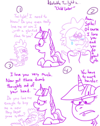 Size: 1280x1611 | Tagged: safe, artist:adorkabletwilightandfriends, spike, twilight sparkle, dragon, pony, comic:adorkable twilight and friends, g4, adorkable twilight, comic, crying, humor, lineart, love, sad, sketch, slice of life, spikelove