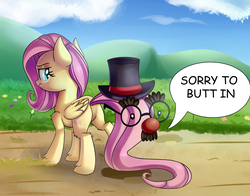 Size: 4000x3139 | Tagged: safe, artist:discorded, fluttershy, pegasus, pony, g4, the one where pinkie pie knows, butt, cloud, female, flower, fluffy, flutterbutt, grass, groucho mask, hat, mare, plot, pun, sky, solo, top hat