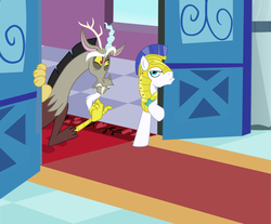 Size: 1592x1317 | Tagged: safe, artist:icelion87, discord, g4, canterlot castle, pointing, royal guard, upset