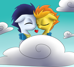 Size: 2000x1800 | Tagged: safe, artist:yourfavoritelove, soarin', spitfire, pony, g4, cloud, cloudy, eyes closed, female, floppy ears, heart, male, nuzzling, ship:soarinfire, shipping, smiling, straight