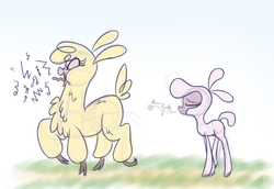 Size: 500x344 | Tagged: safe, artist:heir-of-rick, paprika (tfh), pom (tfh), alpaca, lamb, sheep, them's fightin' herds, community related, duo, simple background, singing, whistling, white background