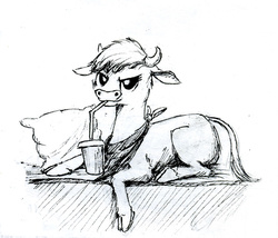 Size: 720x617 | Tagged: safe, artist:el-yeguero, arizona (tfh), cow, them's fightin' herds, bandana, black and white, cloven hooves, community related, female, grayscale, inktober, looking at you, monochrome, pillow, simple background, solo, straw, traditional art, white background