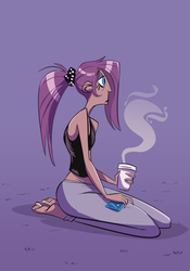 Size: 1280x1831 | Tagged: safe, artist:herny, princess luna, human, luna-afterdark, g4, barefoot, clothes, coffee, feet, female, hair over one eye, humanized, ponytail, scrunchie, solo, sweatpants