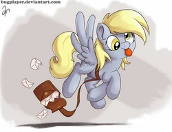 Size: 720x553 | Tagged: safe, artist:bugplayer, derpy hooves, pegasus, pony, g4, female, mailbag, mare, solo, tongue out